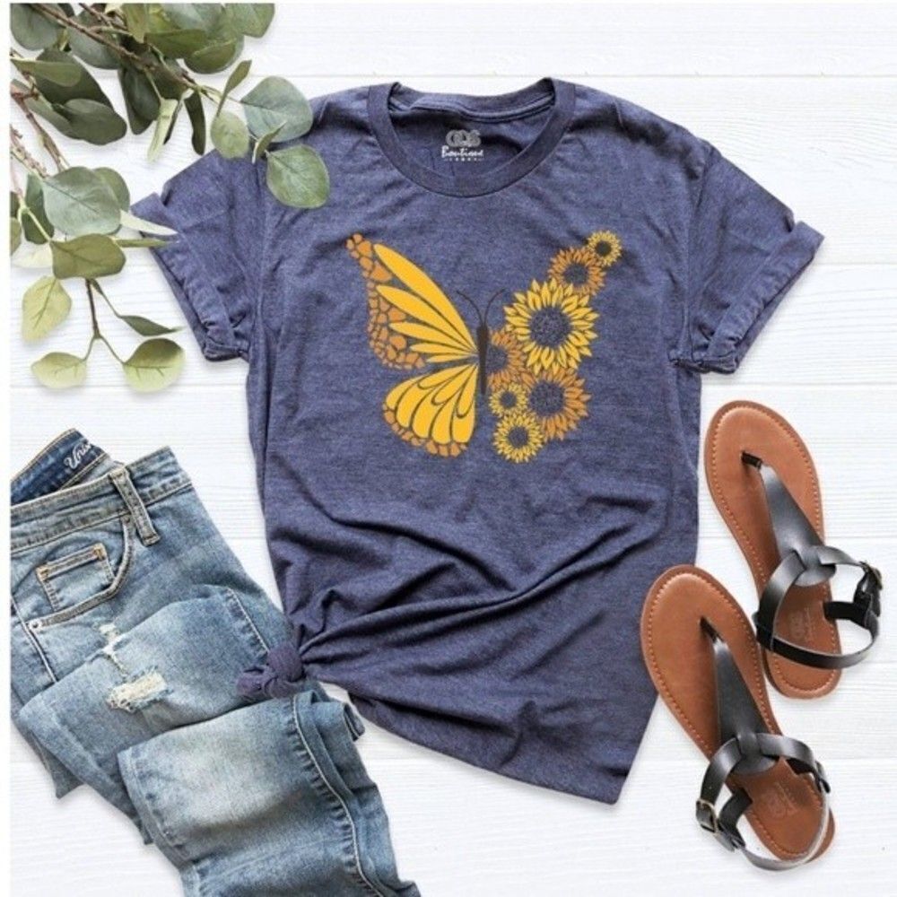 Women’s Fall Hello Sunshine butterfly Shirt Daisy Heart Shirts Casual Tee M. - Picture 2 of 7